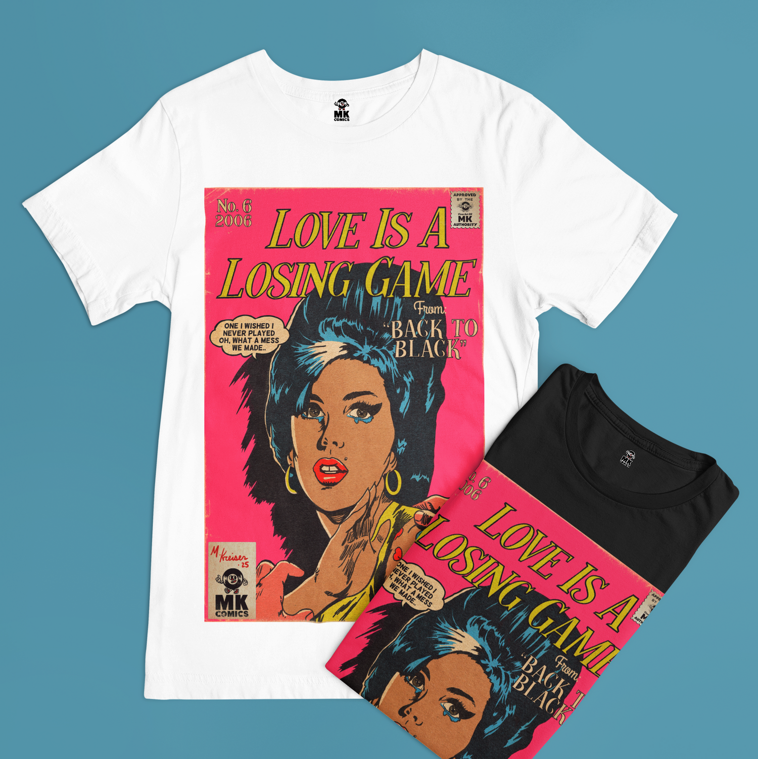 White t-shirt with a graphic design of a woman with blue hair and text 'Love is a Losing Game' on a blue background.