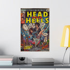 Comic book-style poster titled 'Head Over Heels' on a shelf with books and a lamp.