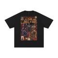 A black short-sleeve t-shirt with a large, detailed graphic print on the front depicting a parody comic book cover titled 'It's Dark and Hell Is Hot' by DMX shown against a plain white background. Art by MK Comics - Fine Art of MK
