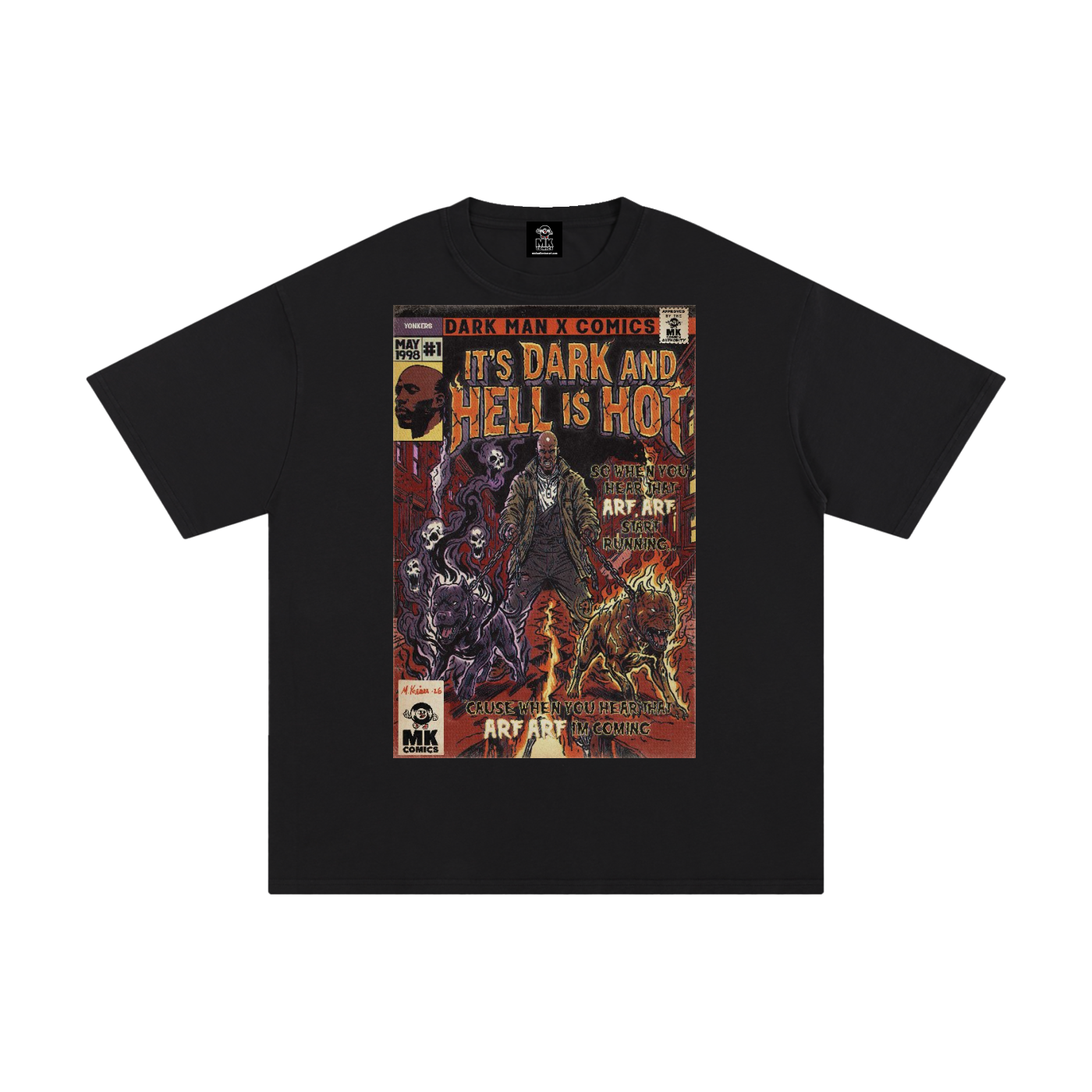 A black short-sleeve t-shirt with a large, detailed graphic print on the front depicting a parody comic book cover titled 'It's Dark and Hell Is Hot' by DMX shown against a plain white background. Art by MK Comics - Fine Art of MK