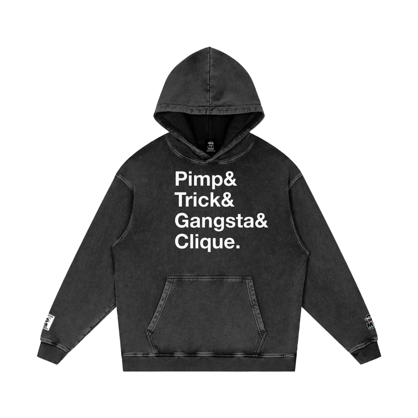 A dark gray washed hoodie with white text on the chest reading 'Pimp& Trick& Gangsta& Clique.' a Parody from the Outkast Album "Aquemini" on a plain white background.