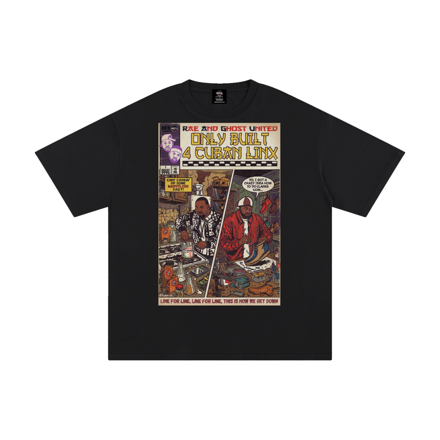 Black t-shirt with a colorful graphic design parody of Raekwon's "Only Built 4 Cuban Linx" album on a white background