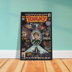 A vintage-style illustrated framed poster or print leaning against a mint green wall on a light wood floor. The artwork features the title 'TOMMY' in large yellow letters and a collage of dark, dramatic scenes with a central portrait.