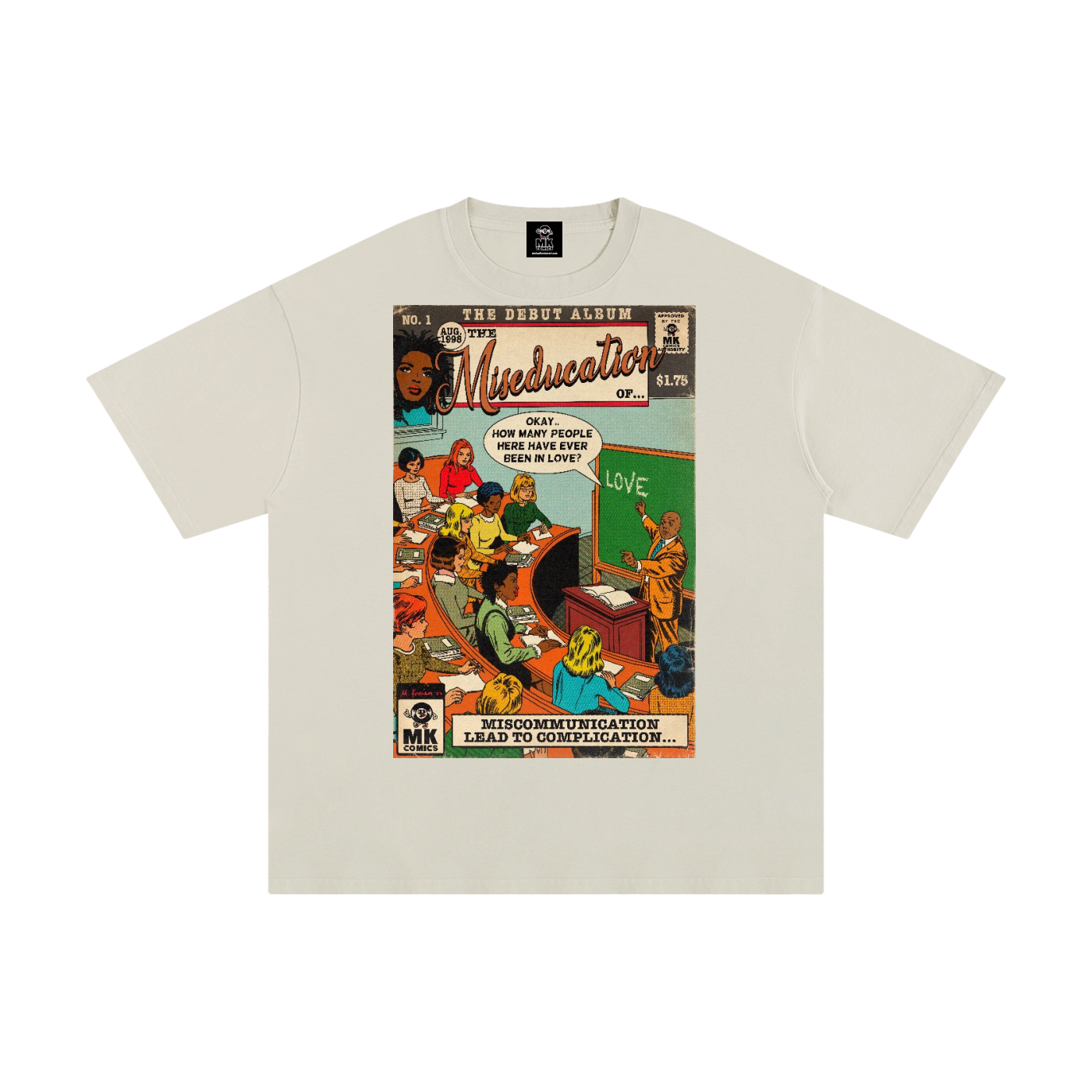 Beige t-shirt with a Miseducation Lauryn Hill graphic design on a white background