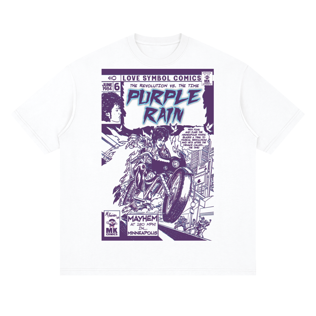 A white short-sleeve crewneck t-shirt featuring a vintage comic book cover graphic for Prince 'Purple Rain' by MK Comics, displayed on a clean white background.
