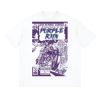 A white short-sleeve crewneck t-shirt featuring a vintage comic book cover graphic for Prince 'Purple Rain' by MK Comics, displayed on a clean white background.