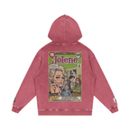 A washed pink hooded sweatshirt shown from the back, featuring a large vintage comic book-style graphic of Dolly Parton on the back with the text 'Jolene' and illustrated characters. The hoodie is photographed flat against a solid white background.