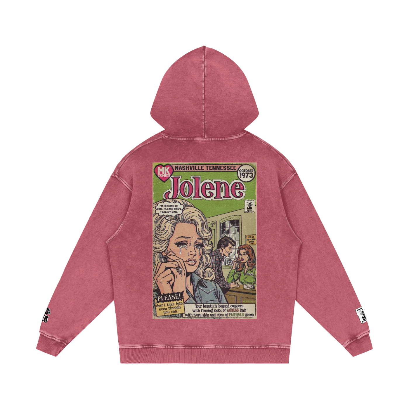 A washed pink hooded sweatshirt shown from the back, featuring a large vintage comic book-style graphic of Dolly Parton on the back with the text 'Jolene' and illustrated characters. The hoodie is photographed flat against a solid white background.