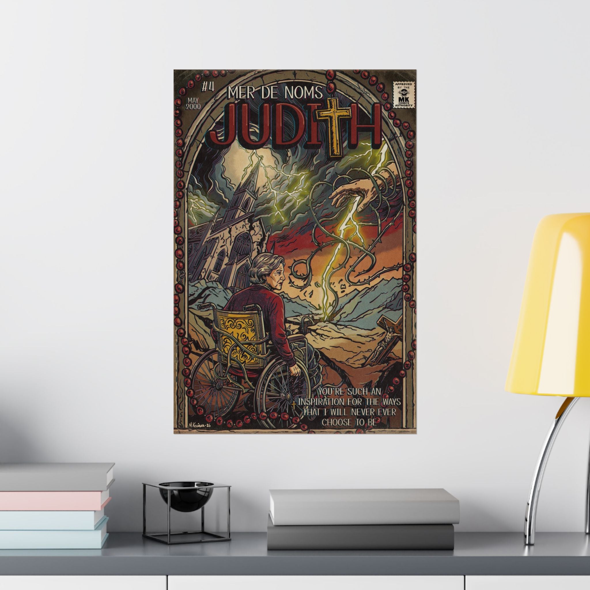 Comic book-style poster titled 'Judith' by A Perfect Circle a wall above a shelf with books and a lamp.