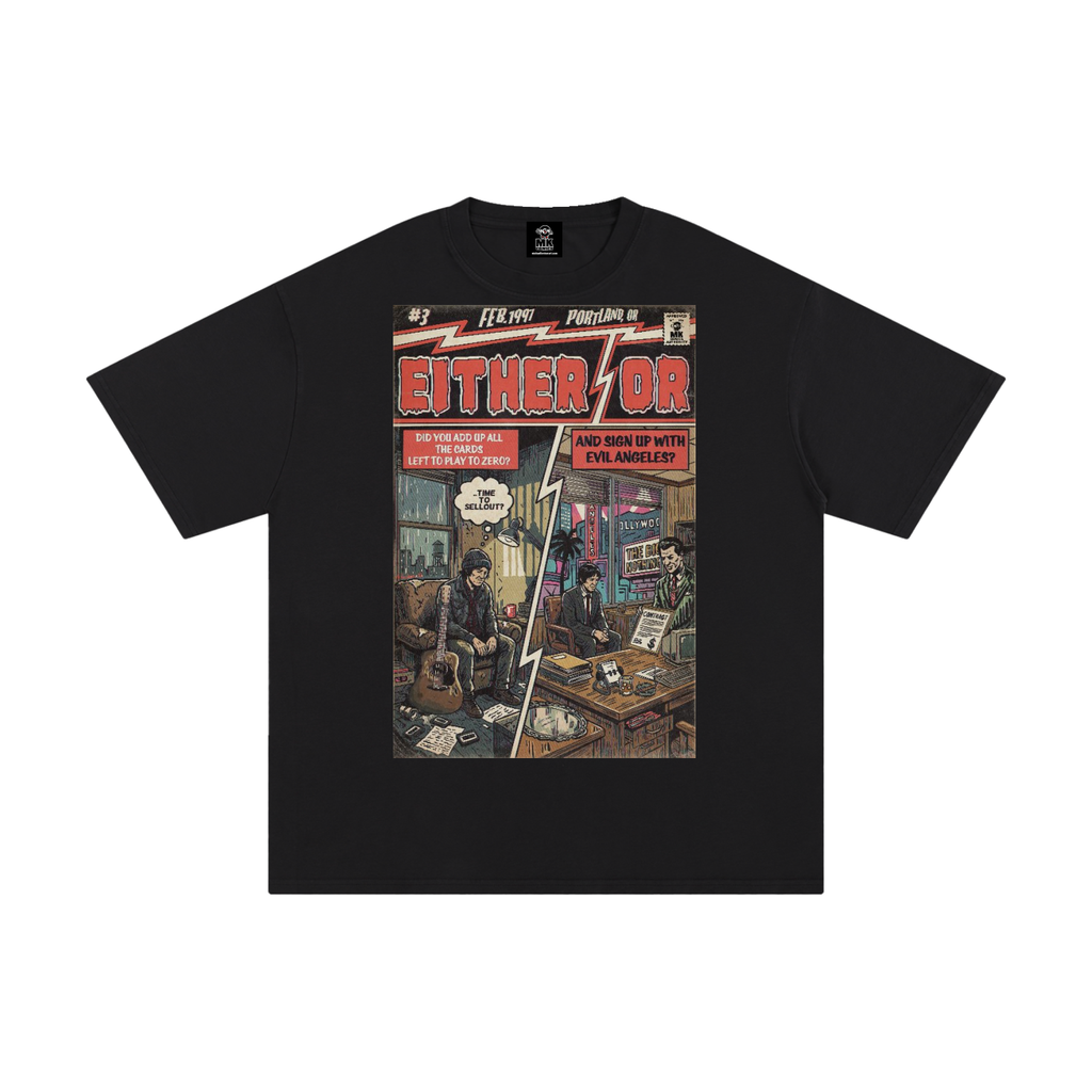 Black t-shirt with a graphic design of a comic book cover featuring the title 'Either/Or' by Elliott Smith