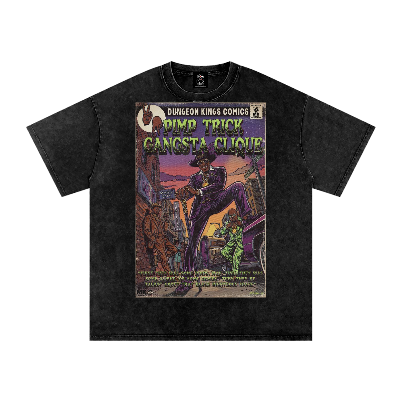 A black acid-wash graphic t-shirt featuring a vintage comic book cover design with the text 'Dungeon Kings Comics' and 'Pimp Trick Gangsta Clique'.