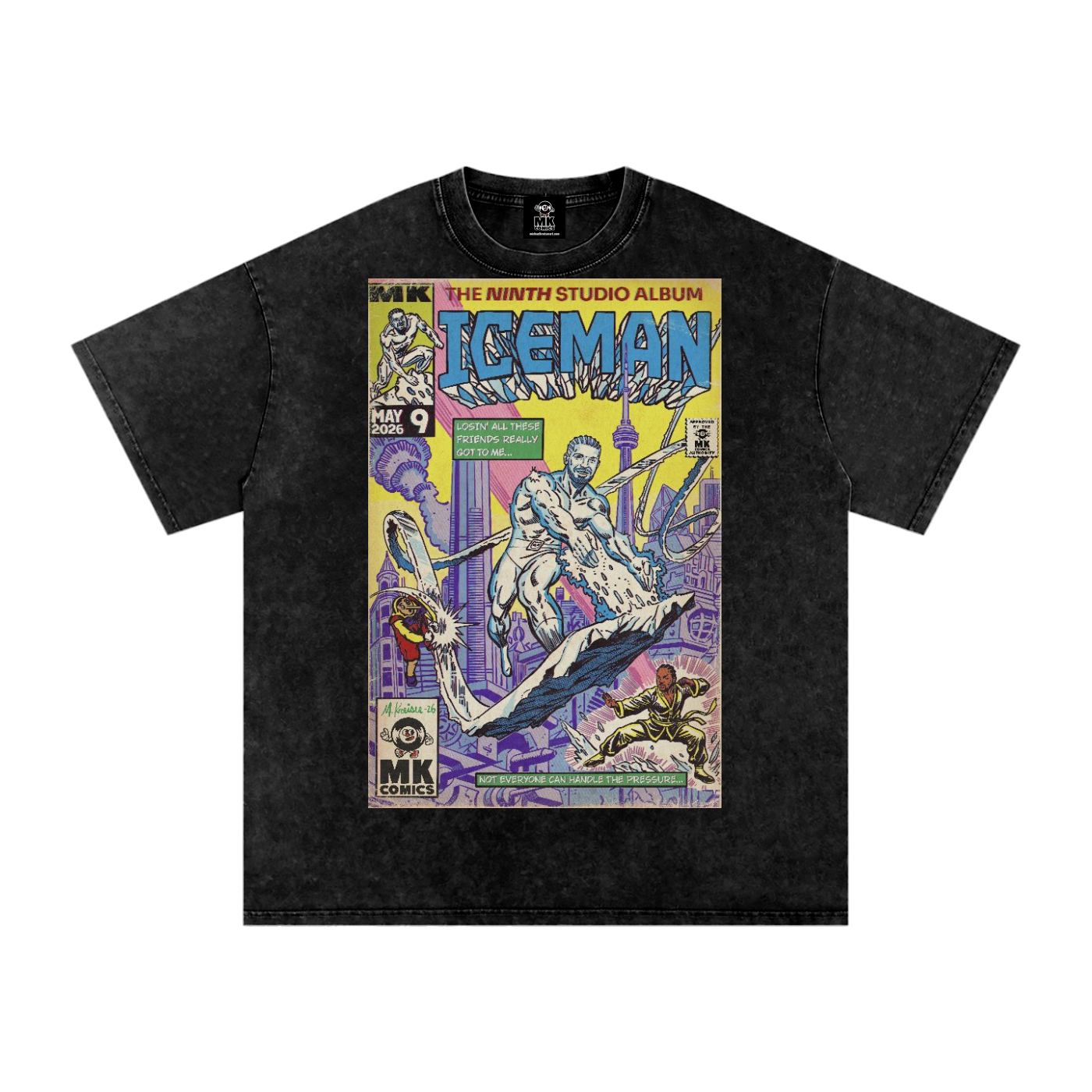 Oversized Snow Washed streetwear t shirt with comic book parody design of Drake as "Iceman"