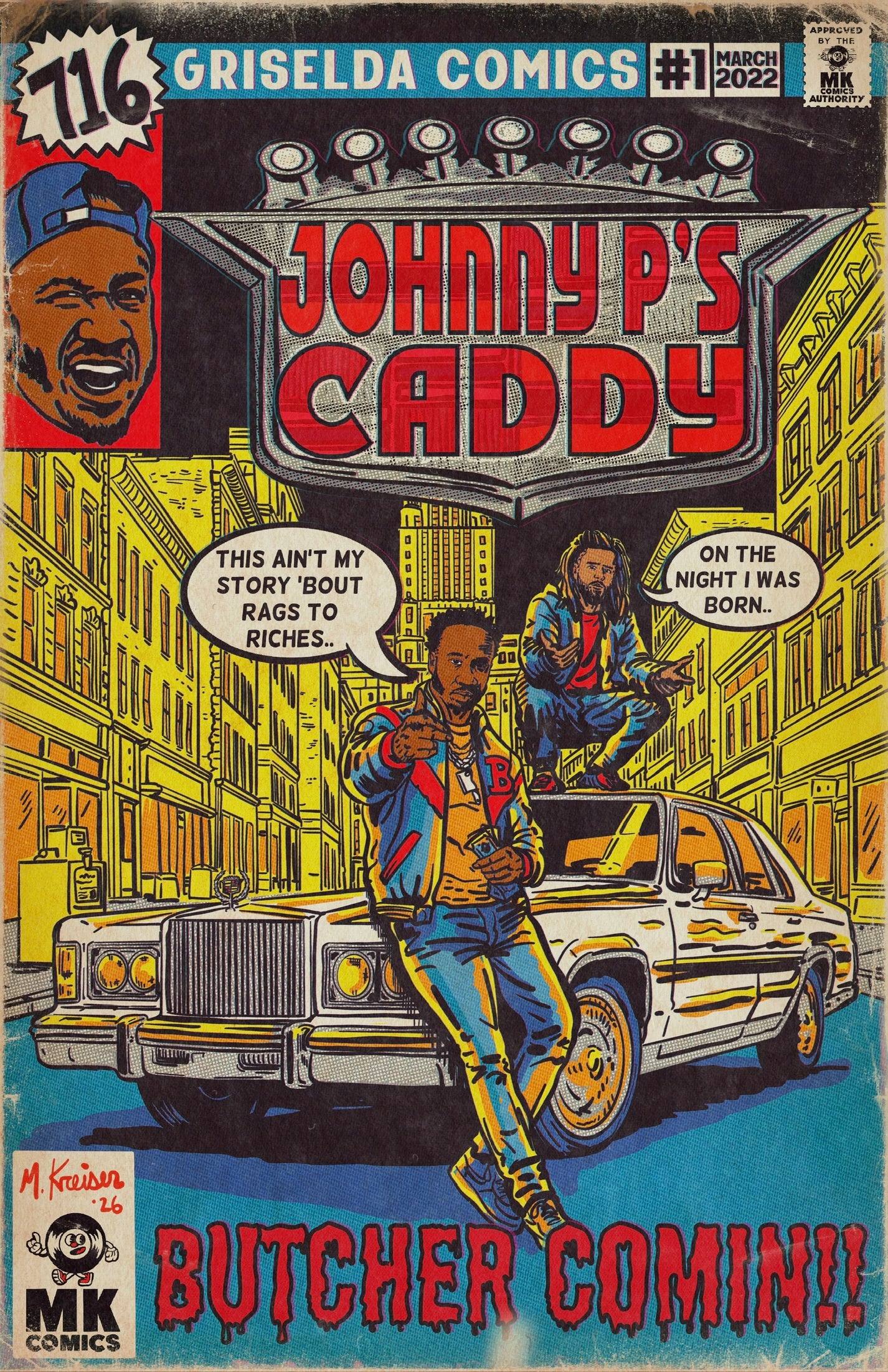 Vintage comic book cover for Griselda Comics #1 titled 'Johnny P's Caddy', featuring illustrated figures, a car, speech bubbles, and bold red title text. The cover also shows a small MK Comics logo in the lower left corner.