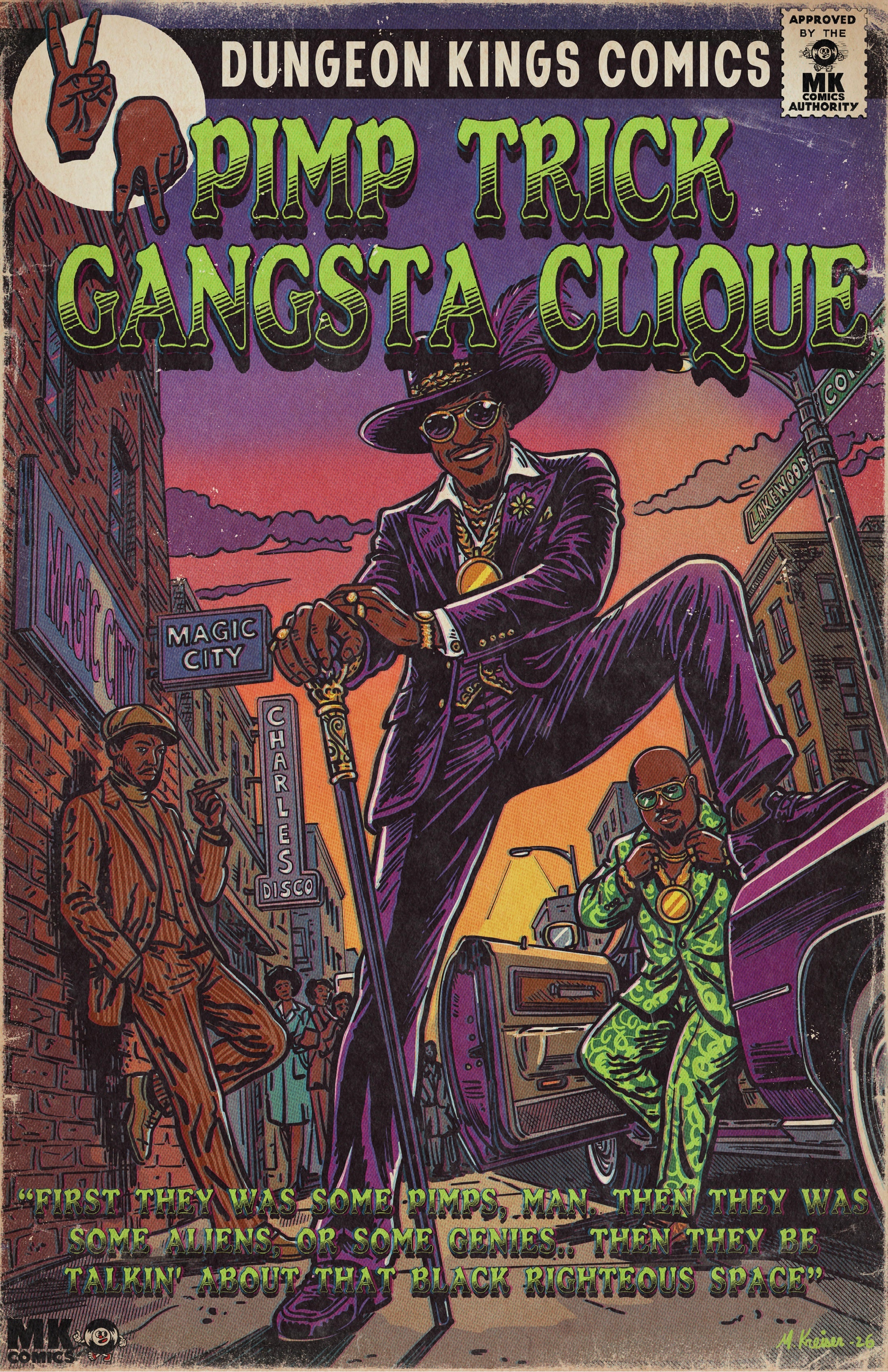 Vintage comic book cover for 'Pimp Trick Gangsta Clique' from Dungeon Kings Comics, featuring illustrated street scene with a central figure in a purple suit and hat, another figure in green, and a car, with bold title text at the top.