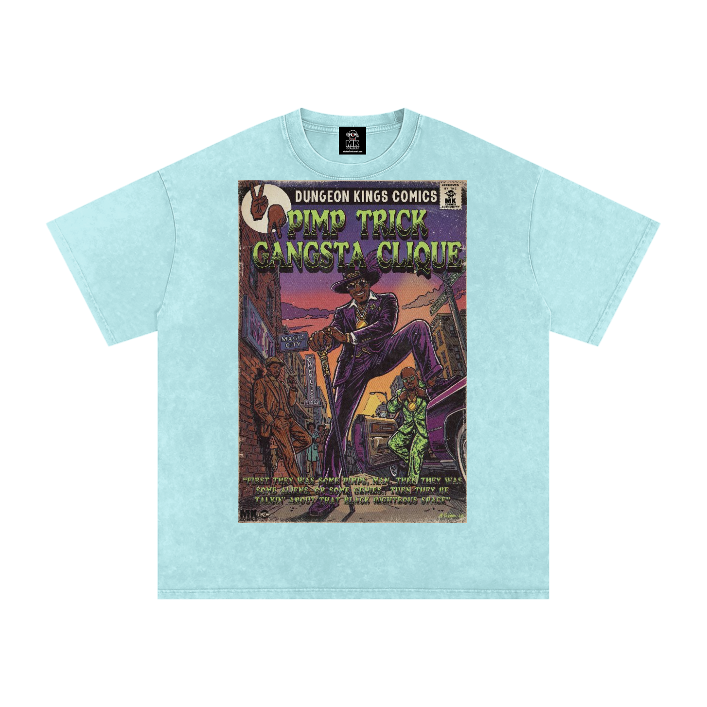 A light blue short-sleeve t-shirt with a vintage comic book cover graphic on the front reading 'Dungeon Kings Comics Pimp Trick Gangsta Clique'.