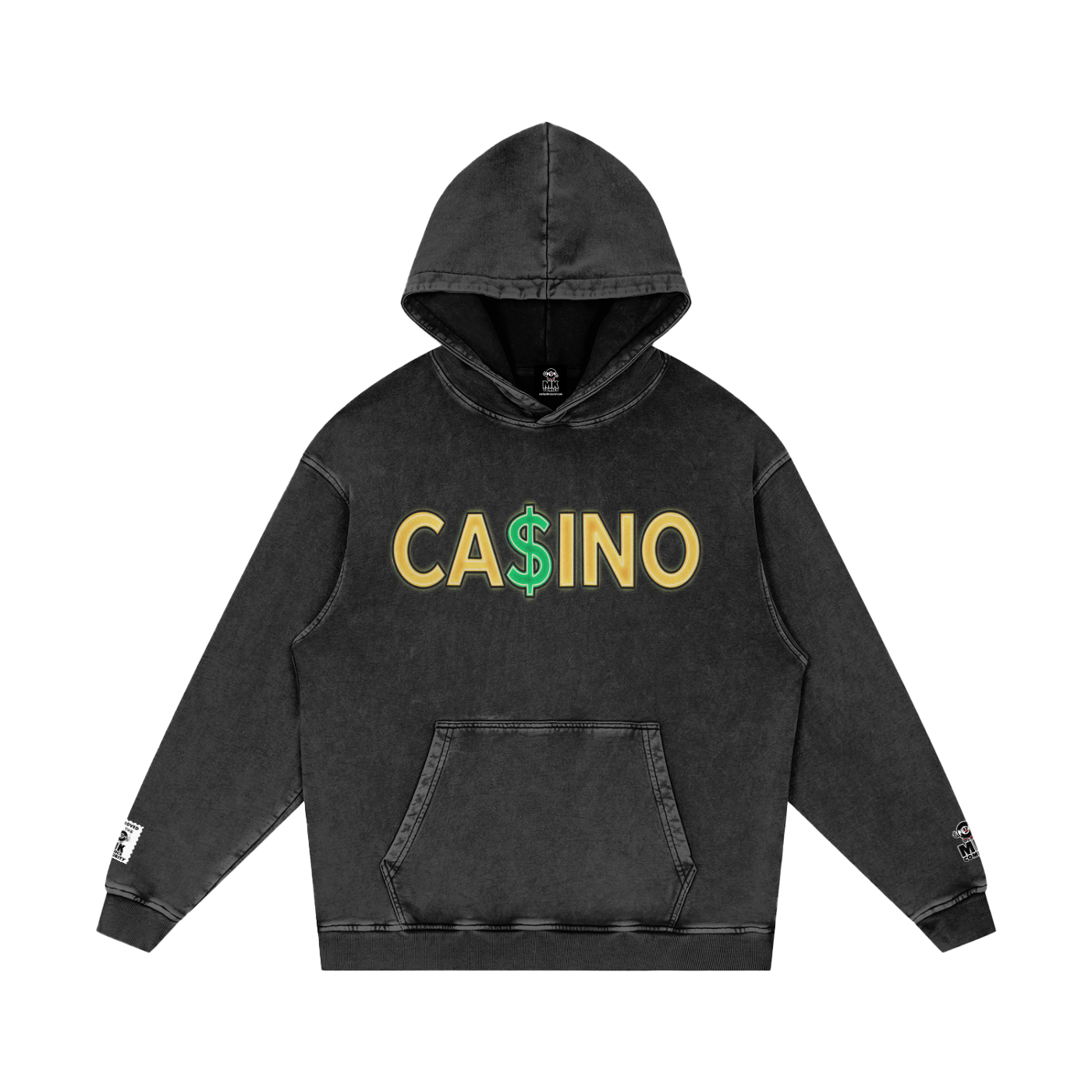 Black hoodie with 'CASINO' text on a white background