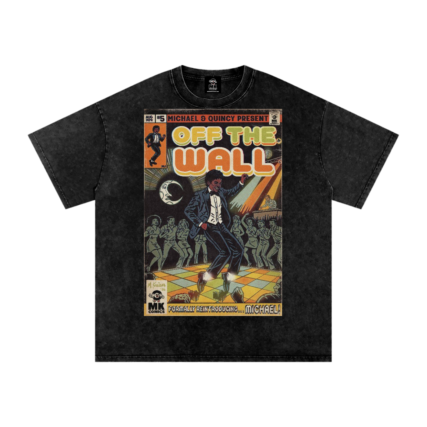 A black acid-wash graphic t-shirt featuring a vintage comic book cover parody design by MK Comics Parody Art - Fine Art of MK with Michael Jackson dancing, titled 'Off The Wall'.