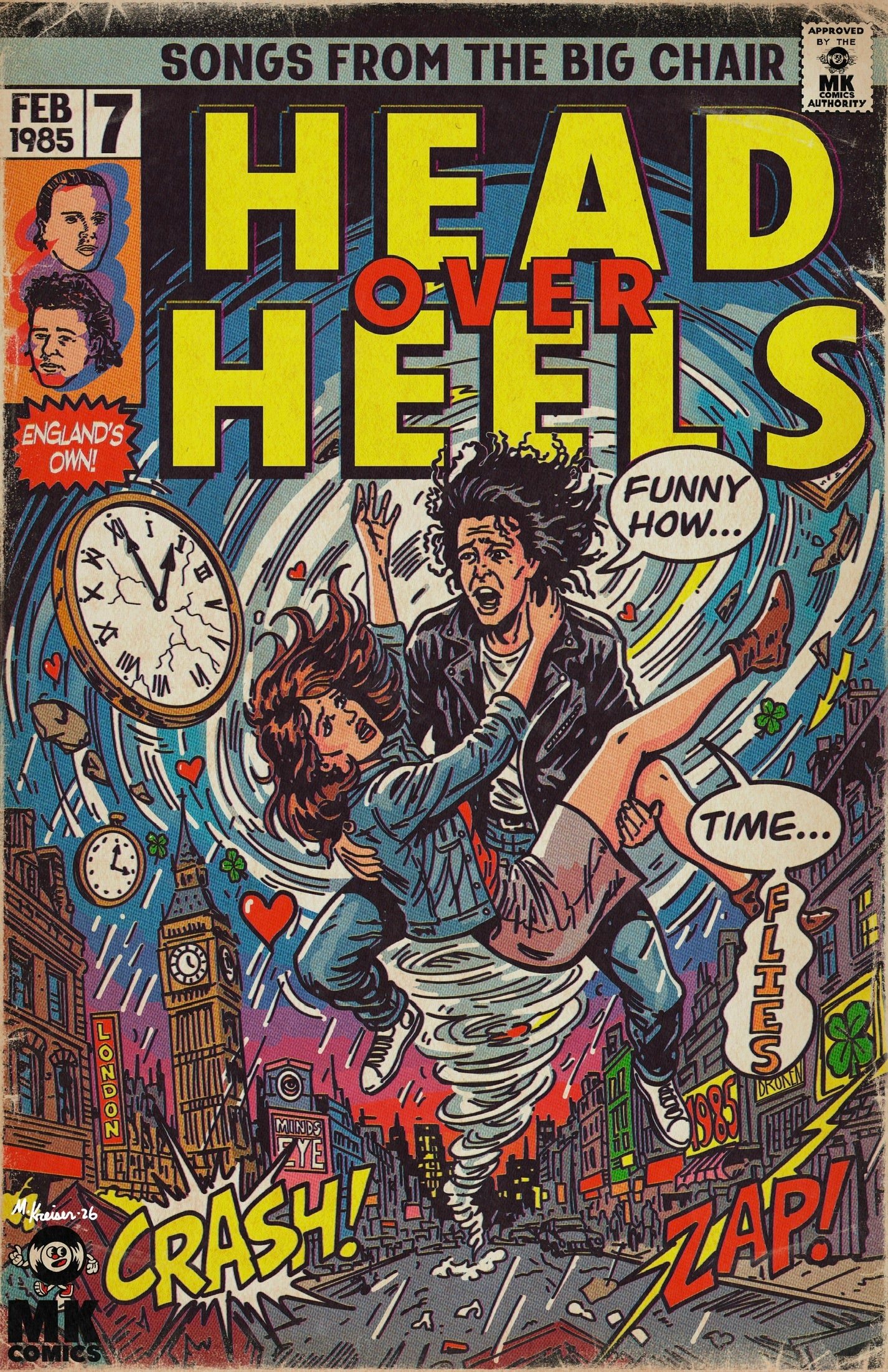 Comic book cover titled 'Head Over Heels' with dynamic scene and text.