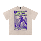 A light beige t-shirt featuring a vintage comic book cover graphic for 'Dungeon Kings Comics' with a purple and green 'Pimp Trick Gangsta Clique' illustration.