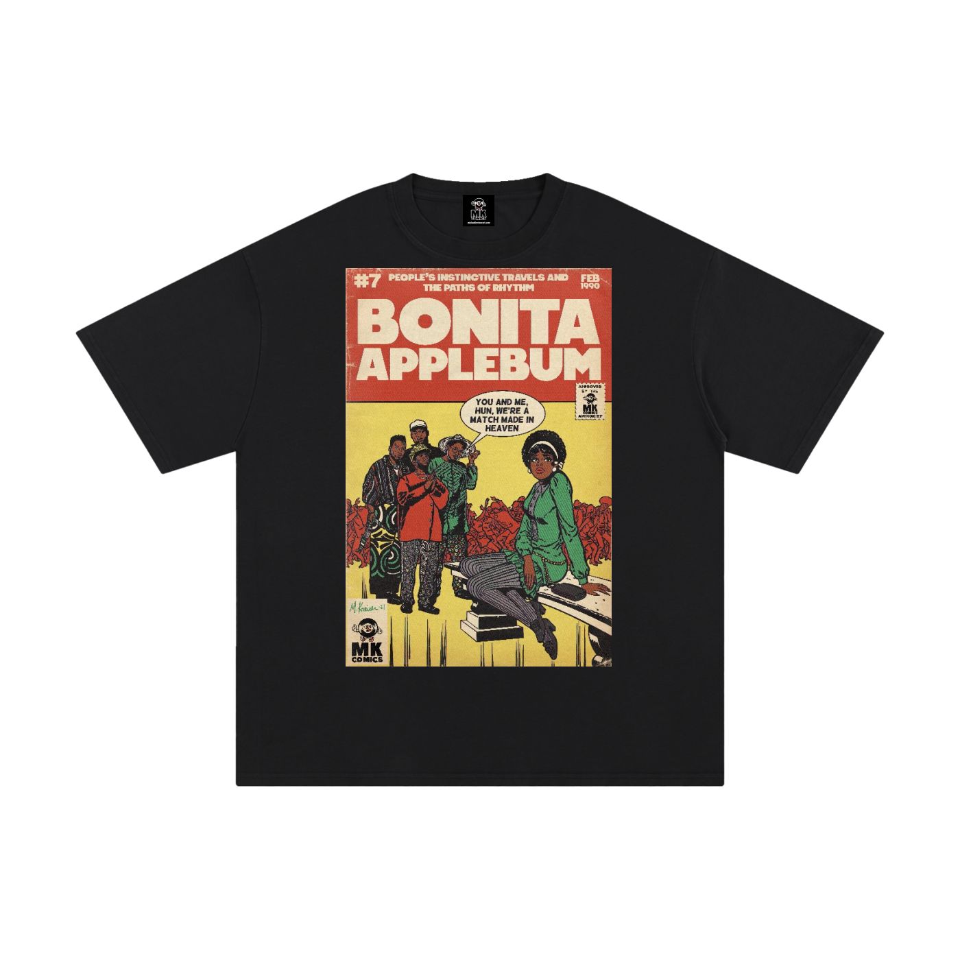 Black t-shirt with a graphic design of 'Bonita Applebum' by A Tribe Called Quest on a white background