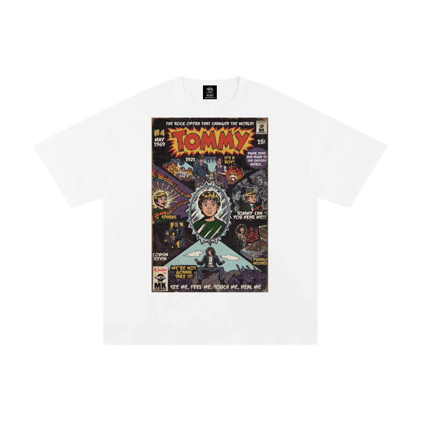 A white short-sleeve crewneck t-shirt featuring a large, colorful retro comic book cover graphic by MK Comics Parody Art on the front. The graphic is styled like a vintage comic book titled 'Tommy' by the Who and is displayed against a clean white background.