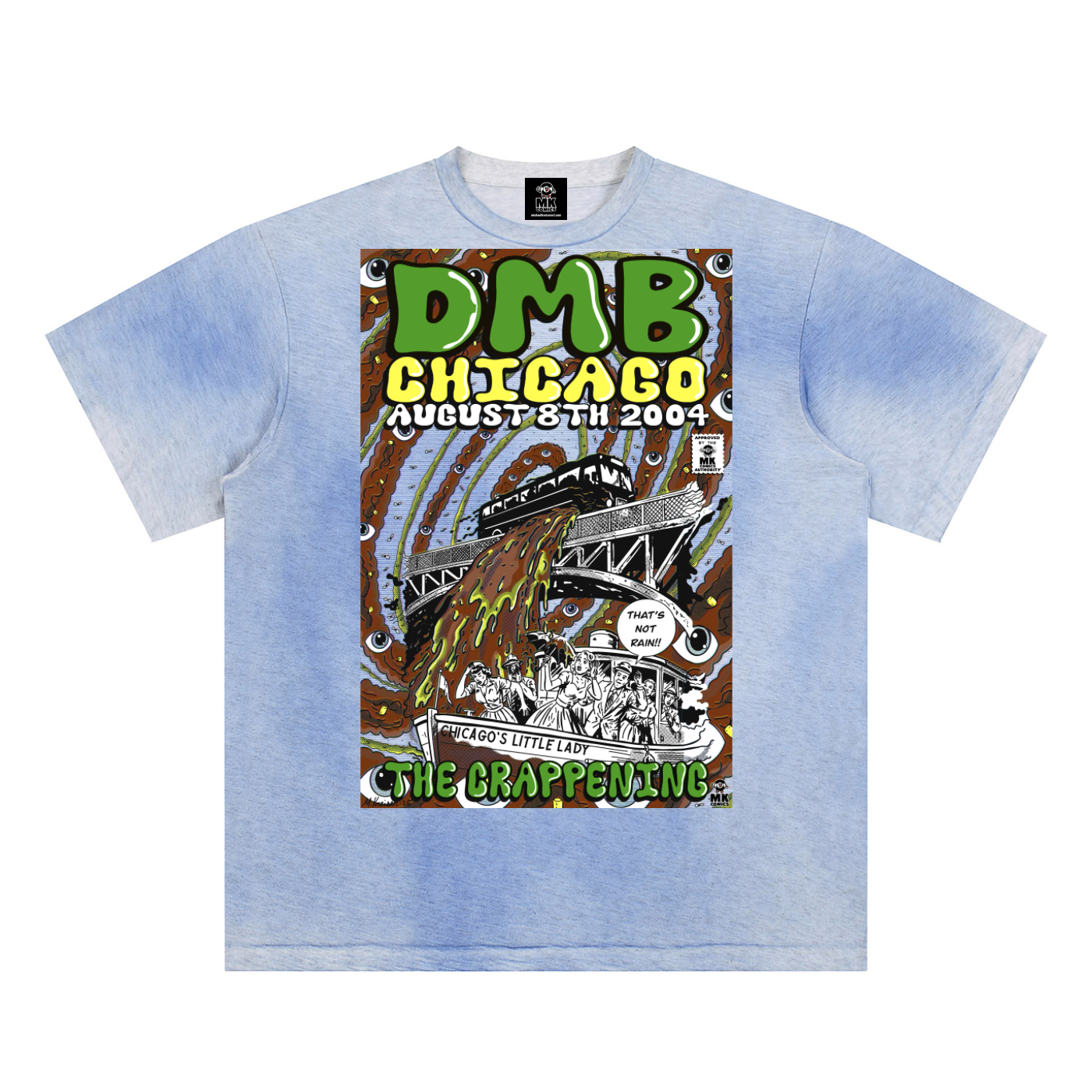 Light blue t-shirt with a graphic design featuring text and artwork on a white background