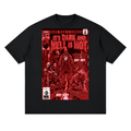 A black short-sleeve t-shirt with a large red graphic print on the front, featuring comic book style artwork and text including 'IT'S DARK AND HELL IS HOT' by DMX, art by MK Comics - Fine art of MK