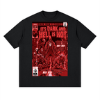 A black short-sleeve t-shirt with a large red graphic print on the front, featuring comic book style artwork and text including 'IT'S DARK AND HELL IS HOT' by DMX, art by MK Comics - Fine art of MK