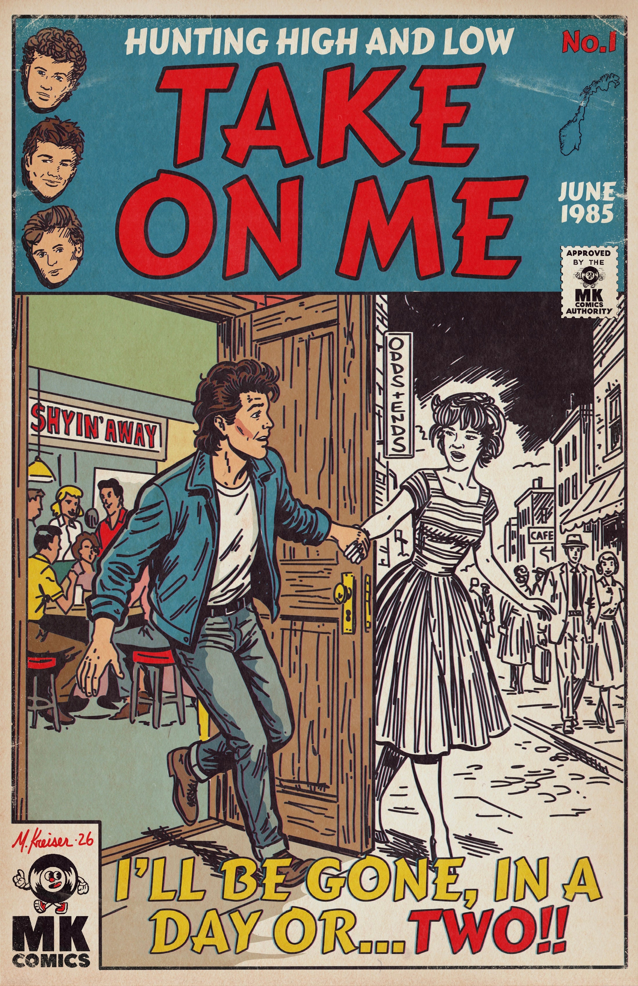 Comic book cover titled 'Take On Me' with a man and woman shaking hands on a street.