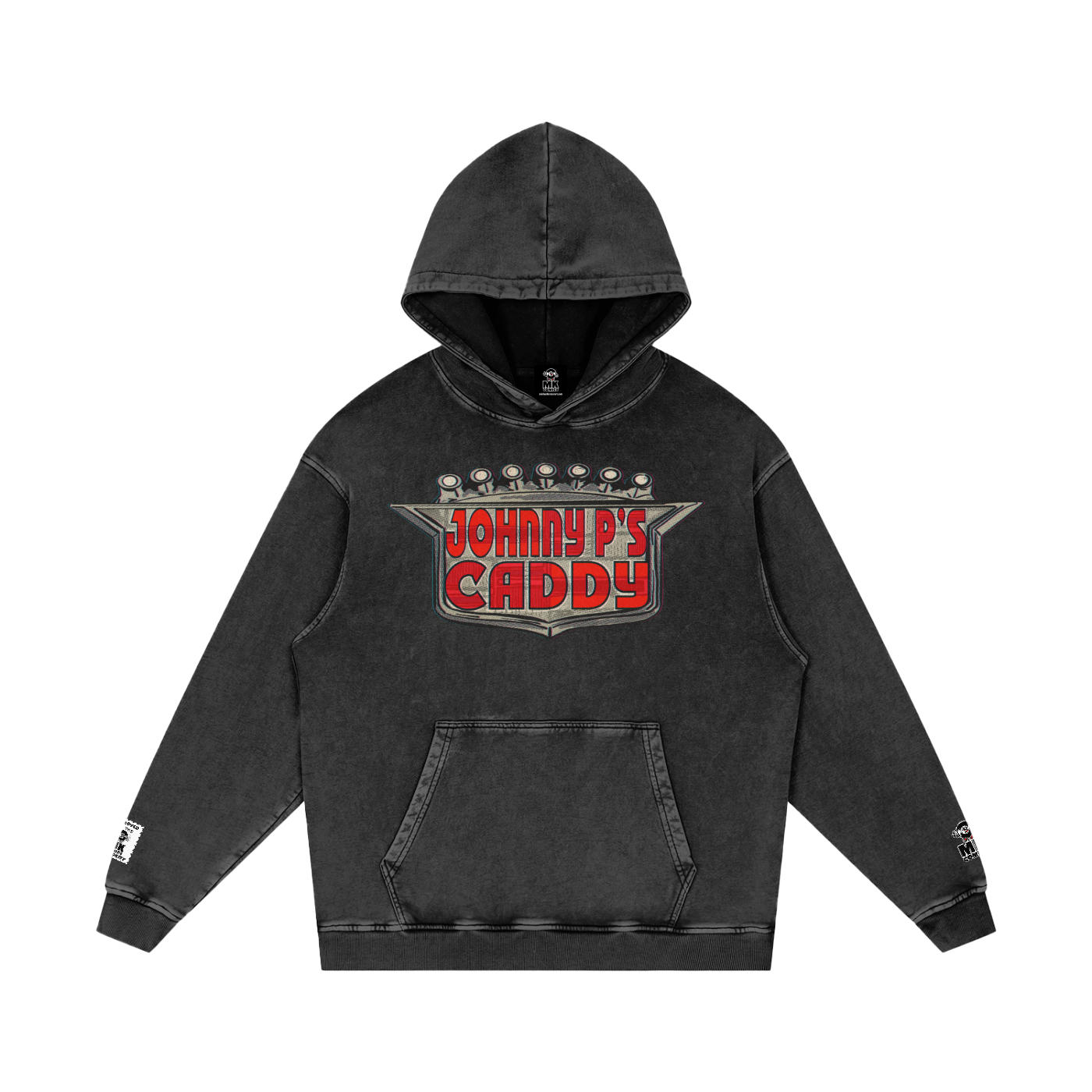 Green hoodie with red logo on a white background