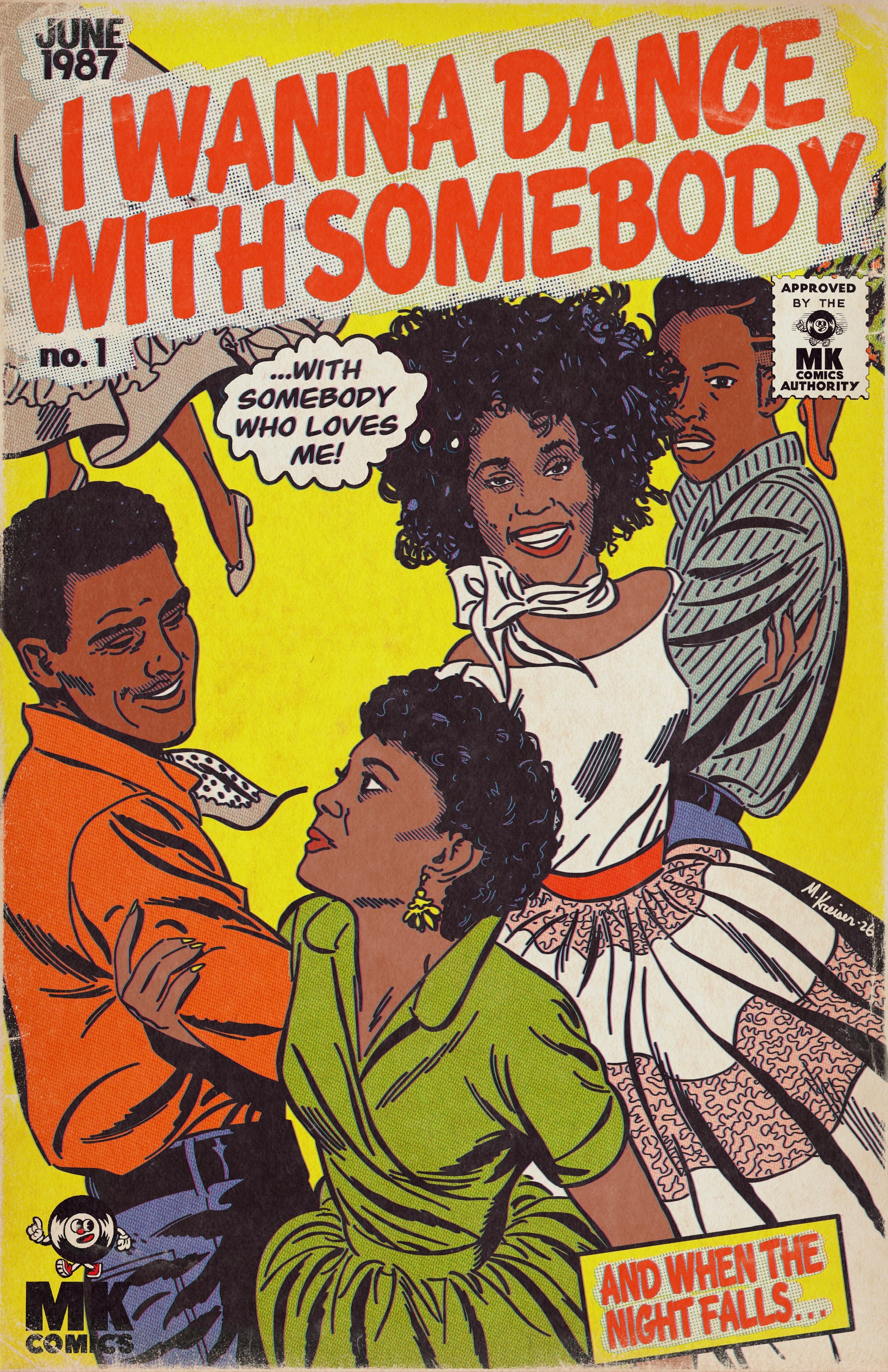 Comic book cover with text 'I Wanna Dance With Somebody' featuring characters in a dance pose.