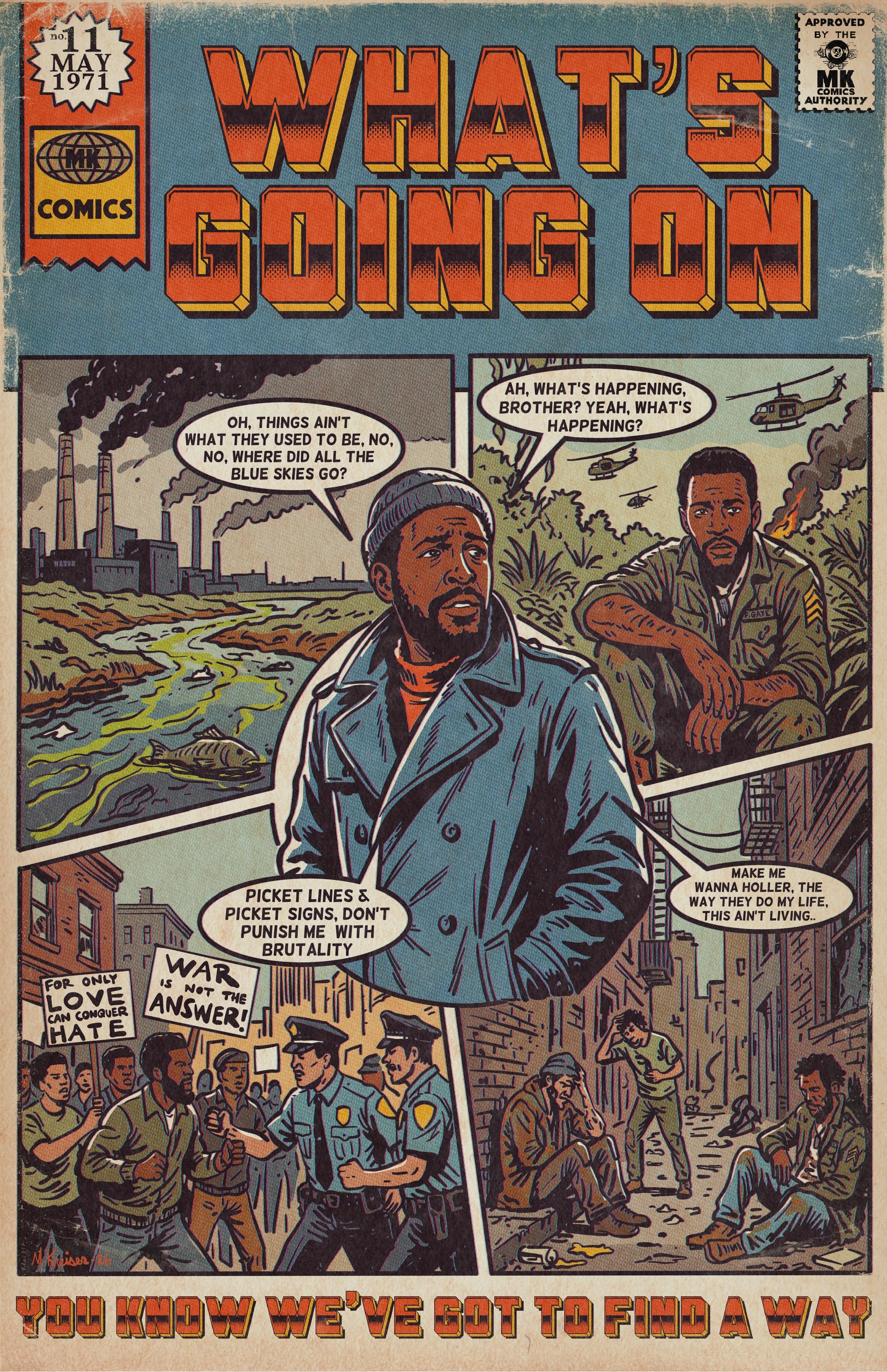 Comic book cover with Marvin Gaye and various panels depicting imagery created by artist Michael Kreiser to depict themes from the album "What's Going On"