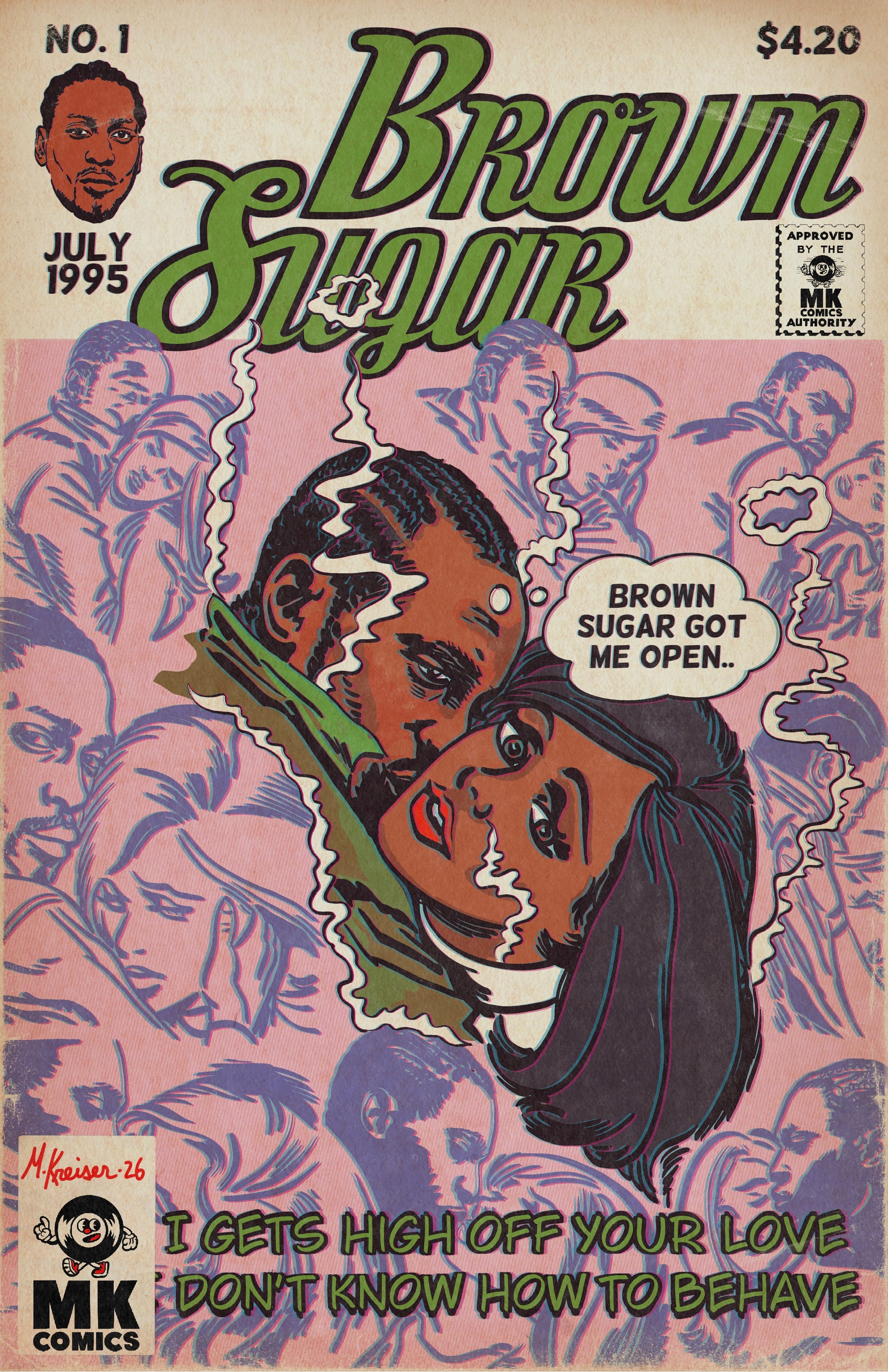 Comic book cover titled 'Brown Sugar' by D'Angelo with a stylized illustration of a person and text on a pink background.