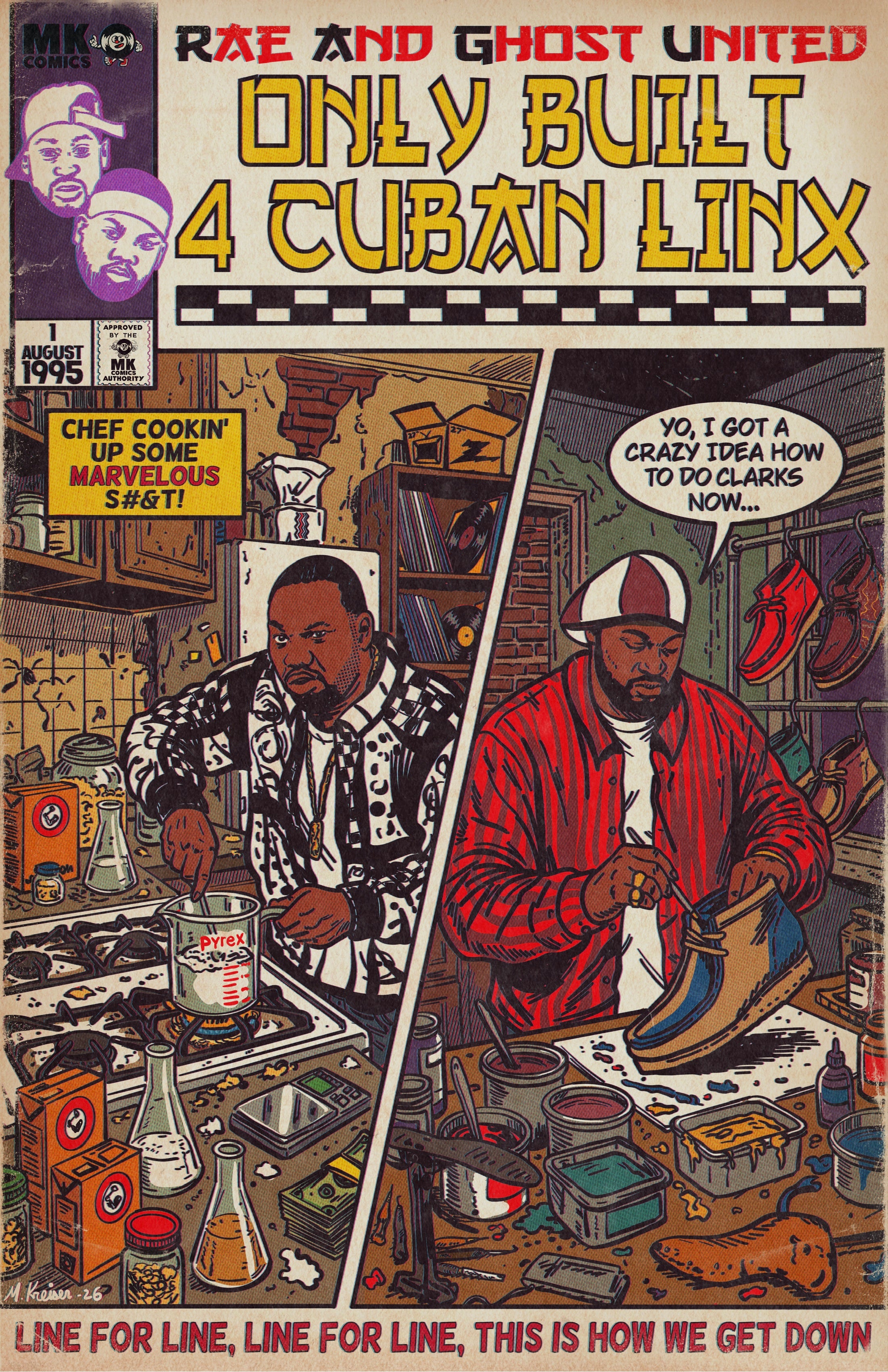 Comic book cover featuring Raekwon & Ghostface Killah in a kitchen setting with text and graphics.