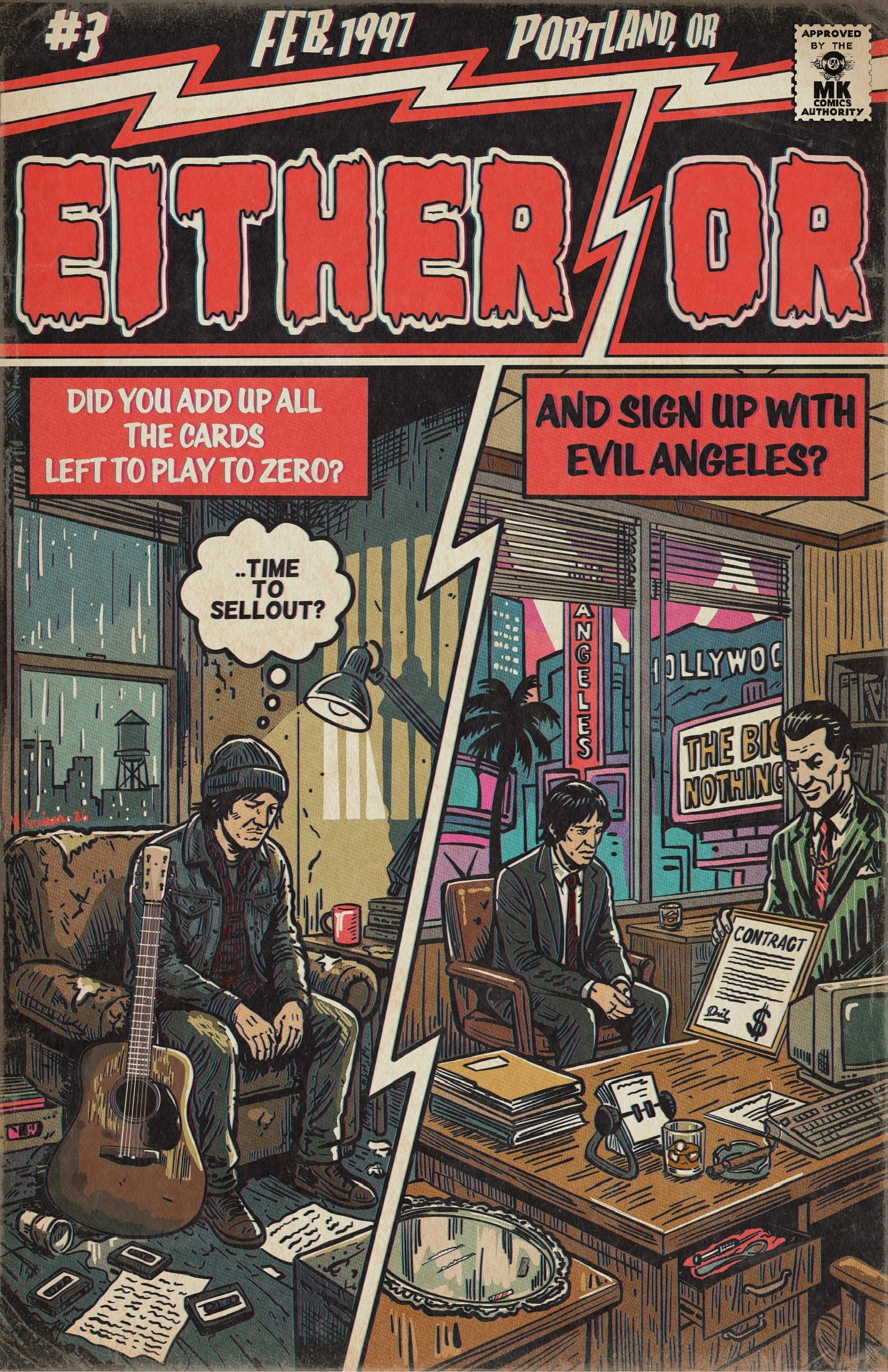 Comic book cover titled 'Either/Or' by Elliott Smith with characters in a room and text about cards and evil angels.