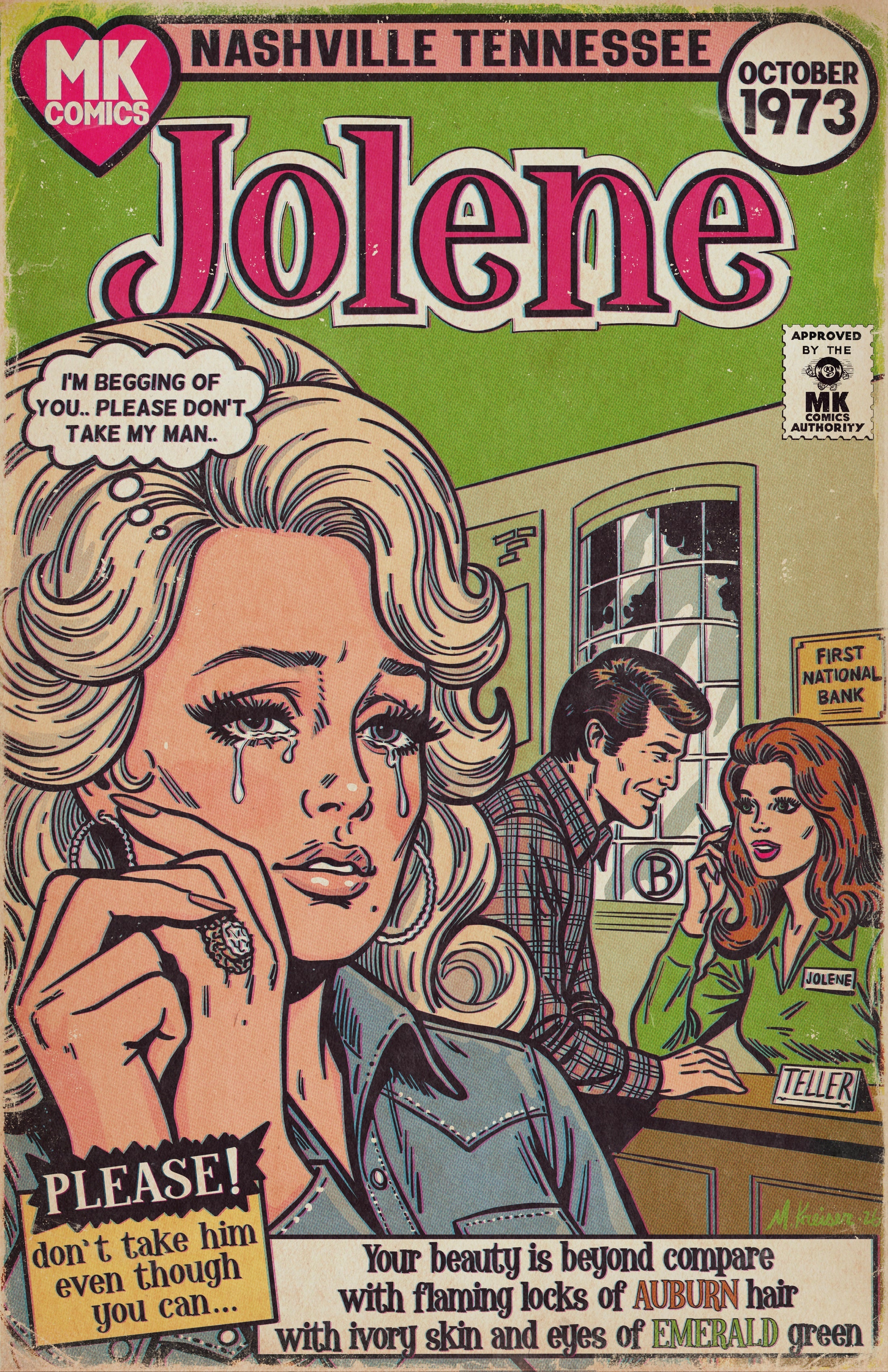 Vintage comic book cover for 'Jolene' from October 1973, published by MK Comics in Nashville Tennessee. The cover features a prominent blonde woman in the foreground crying, with a man and another woman in a bank scene in the background.