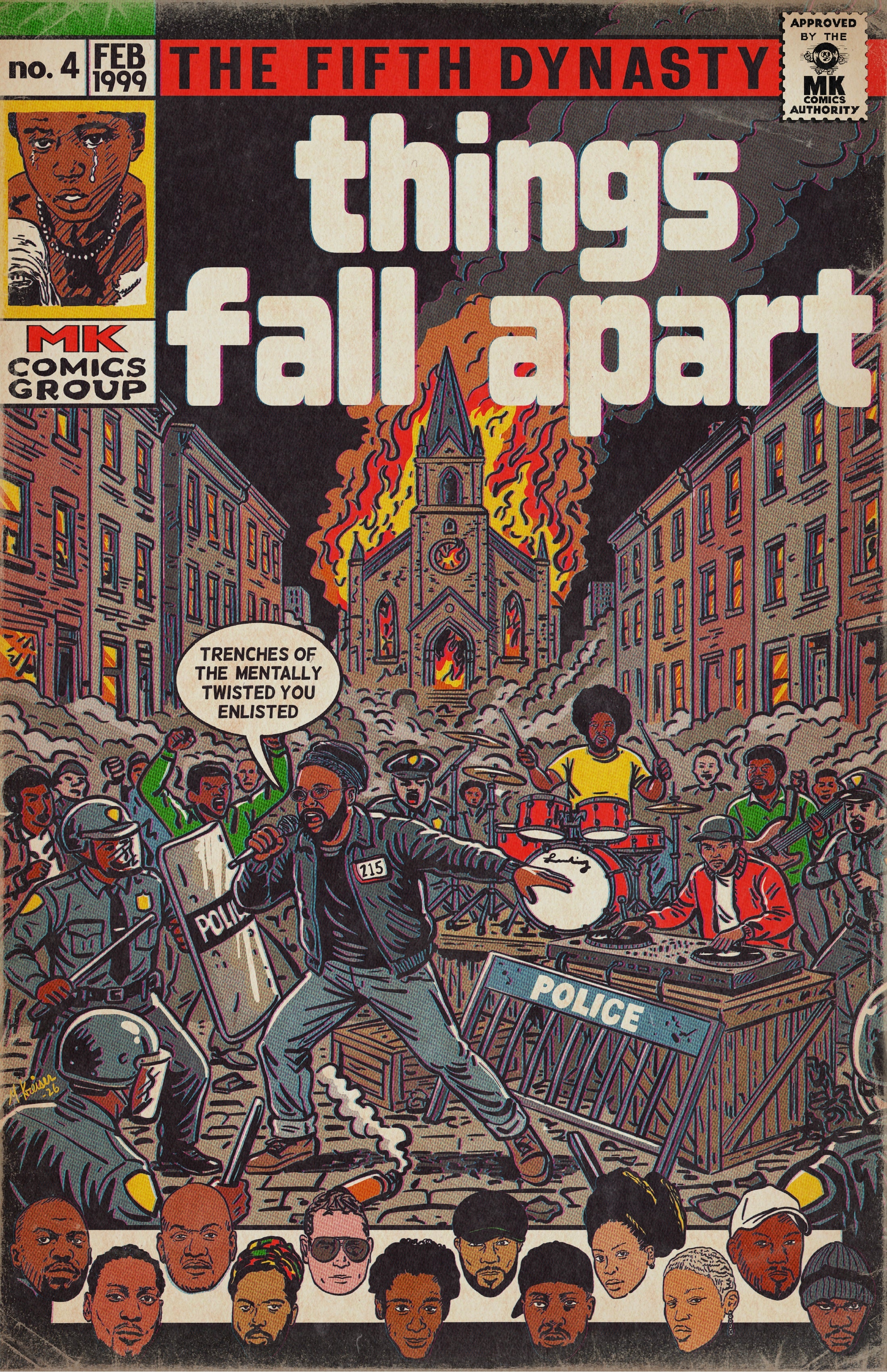 Comic book cover titled 'things fall apart' with a scene of a protest and police presence.