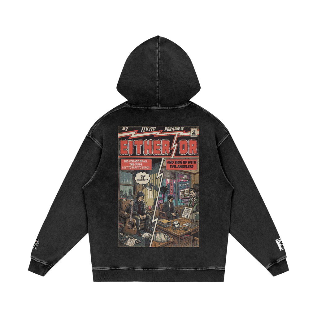 Black hoodie with a graphic design for Either/Or by Elliott Smith on the back on a white background