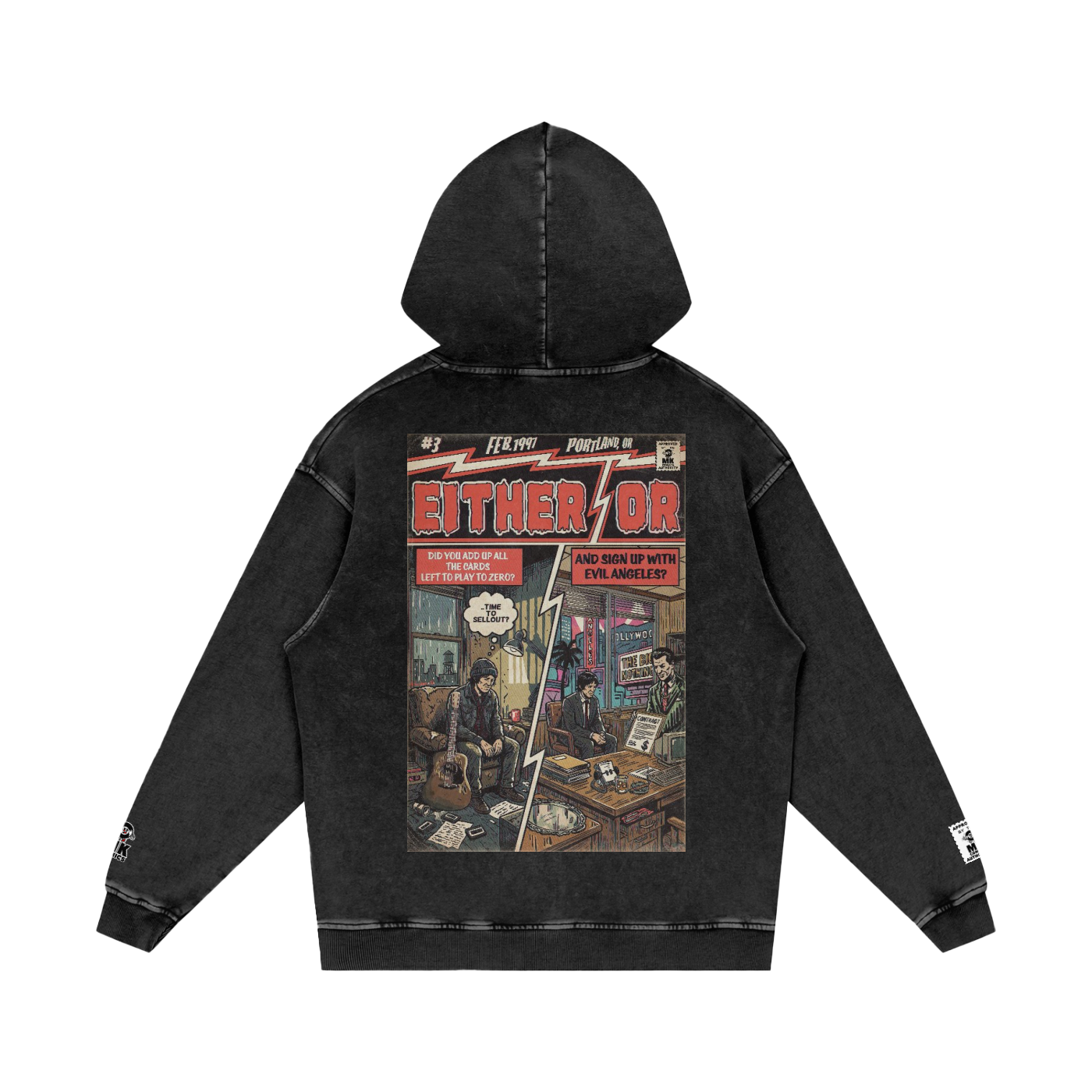 Black hoodie with a graphic design for Either/Or by Elliott Smith on the back on a white background