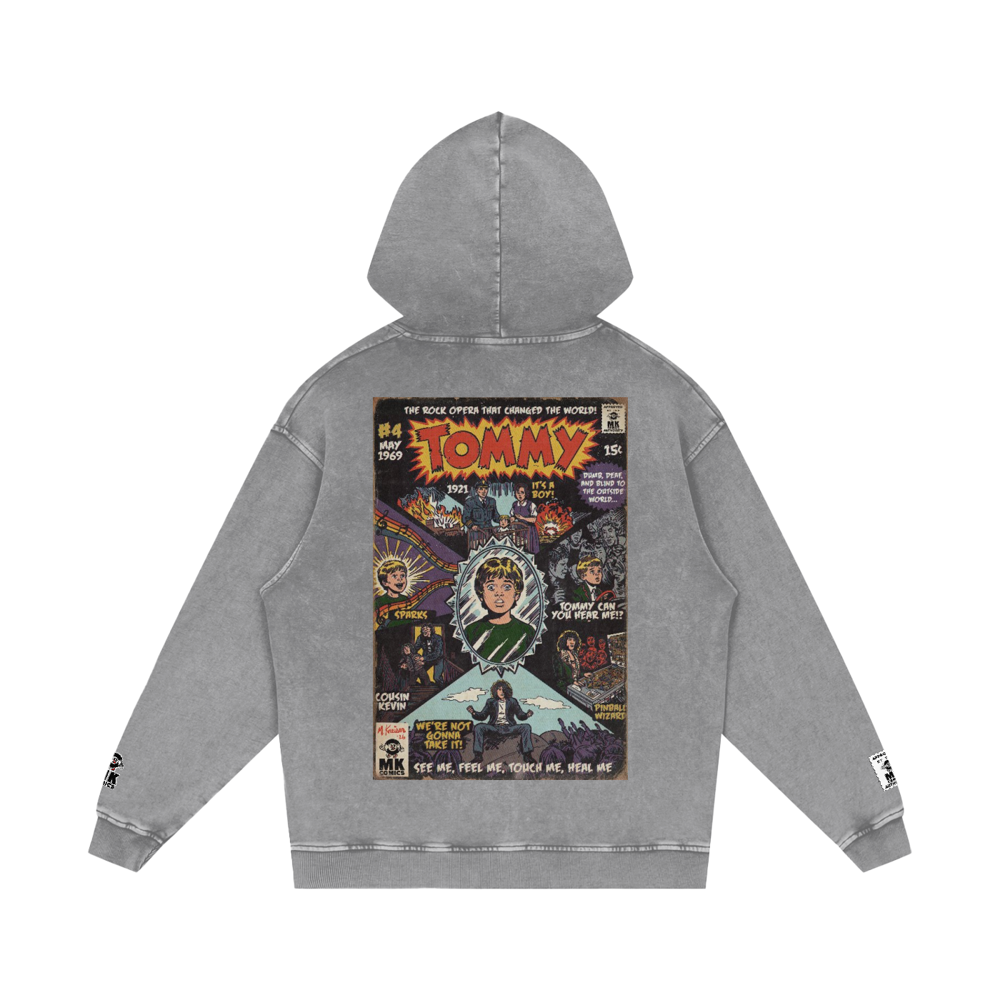 A gray mineral-wash hoodie shown from the back, featuring a large vintage comic book cover graphic by MK Comics Parody Art with the word 'TOMMY' by the Who in bold yellow letters and various illustrated characters.
