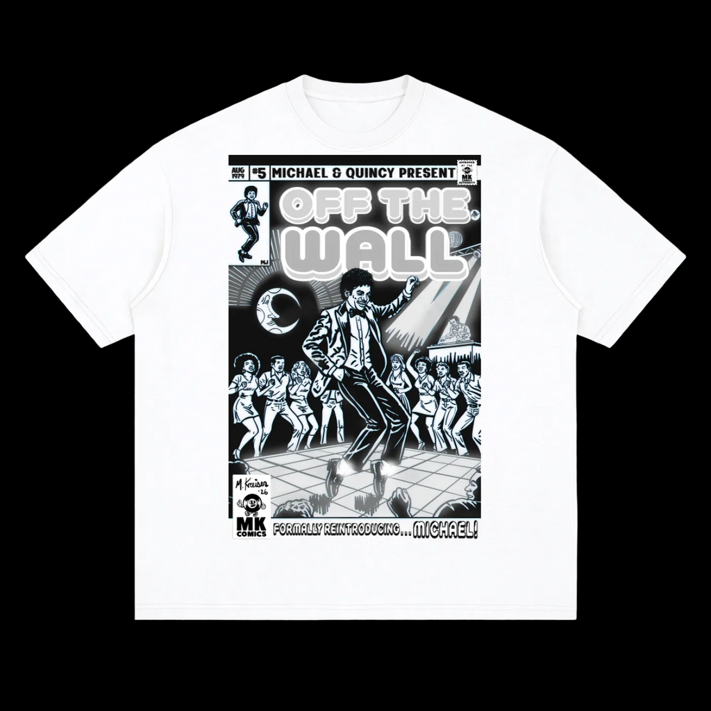 A white short-sleeve crewneck t-shirt featuring a large black and white comic-book style parody by MK Comics Parody Art - Fine Art of MK - graphic print on the front titled 'OFF THE WALL' with illustrated figures and text references to Michael Jackson.