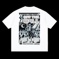 A white short-sleeve crewneck t-shirt featuring a large black and white comic-book style parody by MK Comics Parody Art - Fine Art of MK - graphic print on the front titled 'OFF THE WALL' with illustrated figures and text references to Michael Jackson.