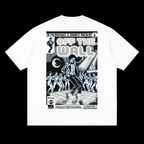 A white short-sleeve crewneck t-shirt featuring a large black and white comic-book style parody by MK Comics Parody Art - Fine Art of MK - graphic print on the front titled 'OFF THE WALL' with illustrated figures and text references to Michael Jackson.