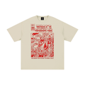 Beige t-shirt with red graphic of Marvin Gaye's "What's Going On" and text on a white background
