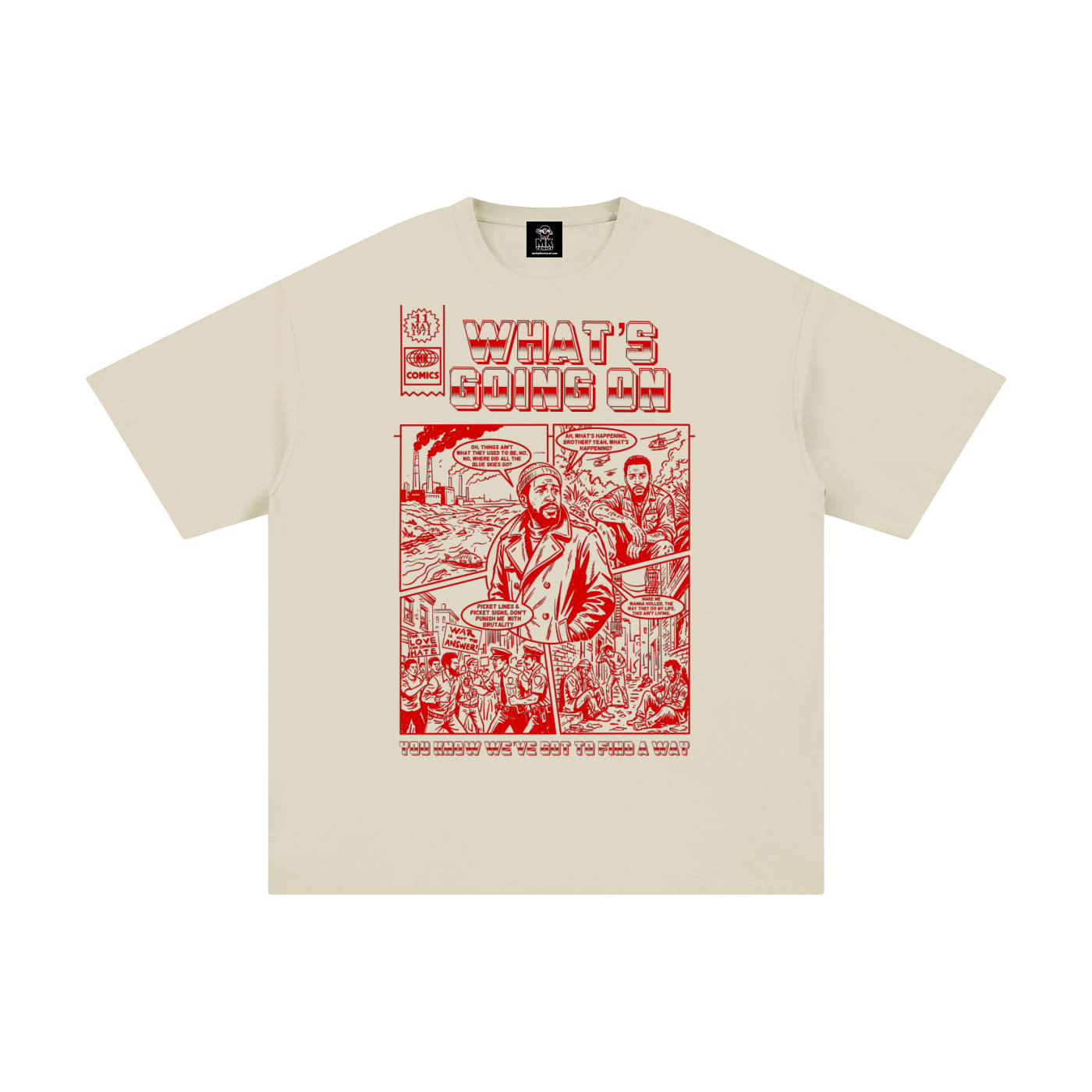 Beige t-shirt with red graphic of Marvin Gaye's "What's Going On" and text on a white background