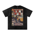 Black t-shirt with a graphic featuring a comic book cover parody design of Lupe Fiasco's song Kick, Push on a white background