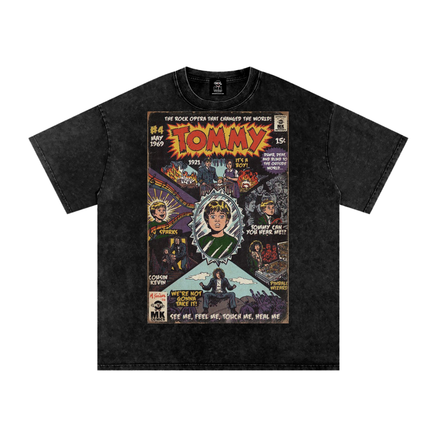 A black acid-wash graphic t-shirt featuring a vintage-style comic book cover design by MK Comics Parody Art for 'Tommy' by the Who issue #4, displayed flat against a solid white background.