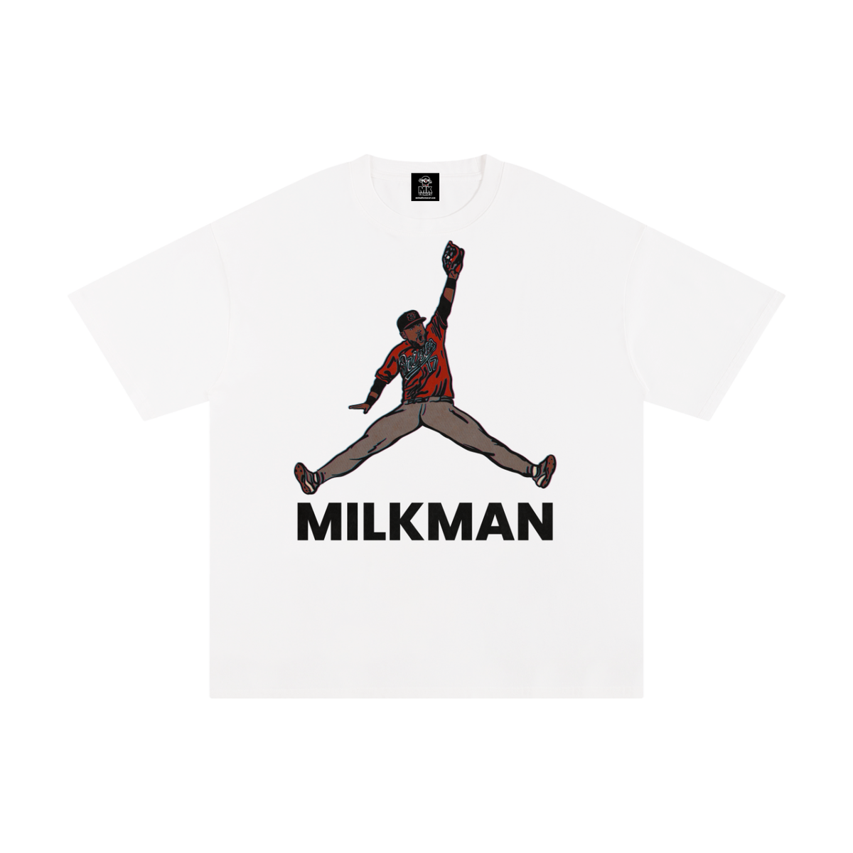 A white short-sleeve crewneck t-shirt featuring a graphic of Colton Cowser in orange and black orioles jersey mid-homerun rob, with the word 'MILKMAN' printed in bold black letters underneath.