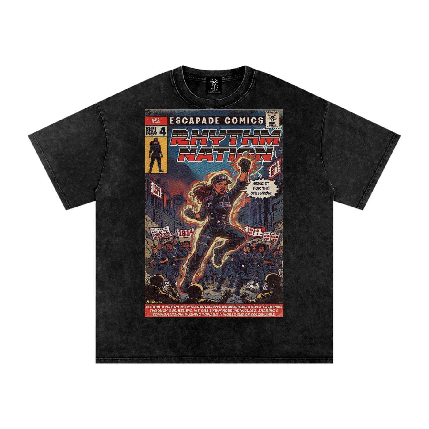 Janet Jackson Rhythm Nation Comic Parody by MK Comics-Fine Art of MK, Streetwear Snow Washed Oversized Black T-Shirt
