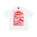 White t-shirt with red graphic design featuring parody album cover art for Fleetwood Mac's "Rumours"and text on a white background